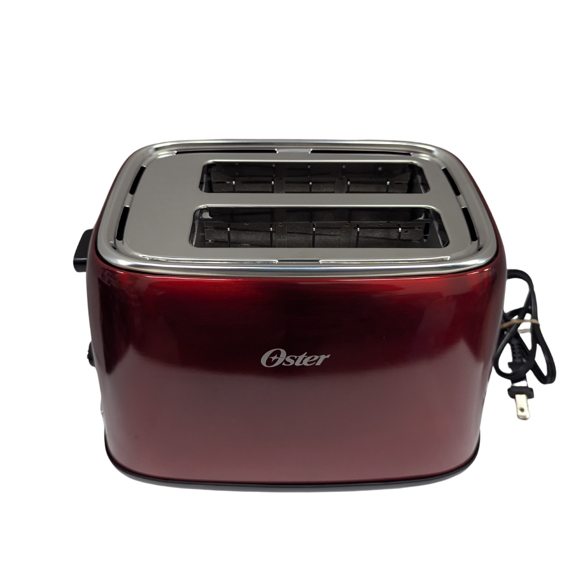 Red toaster with 'Oster' branding on a white background