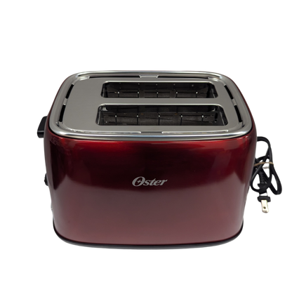 Red toaster with 'Oster' branding on a white background
