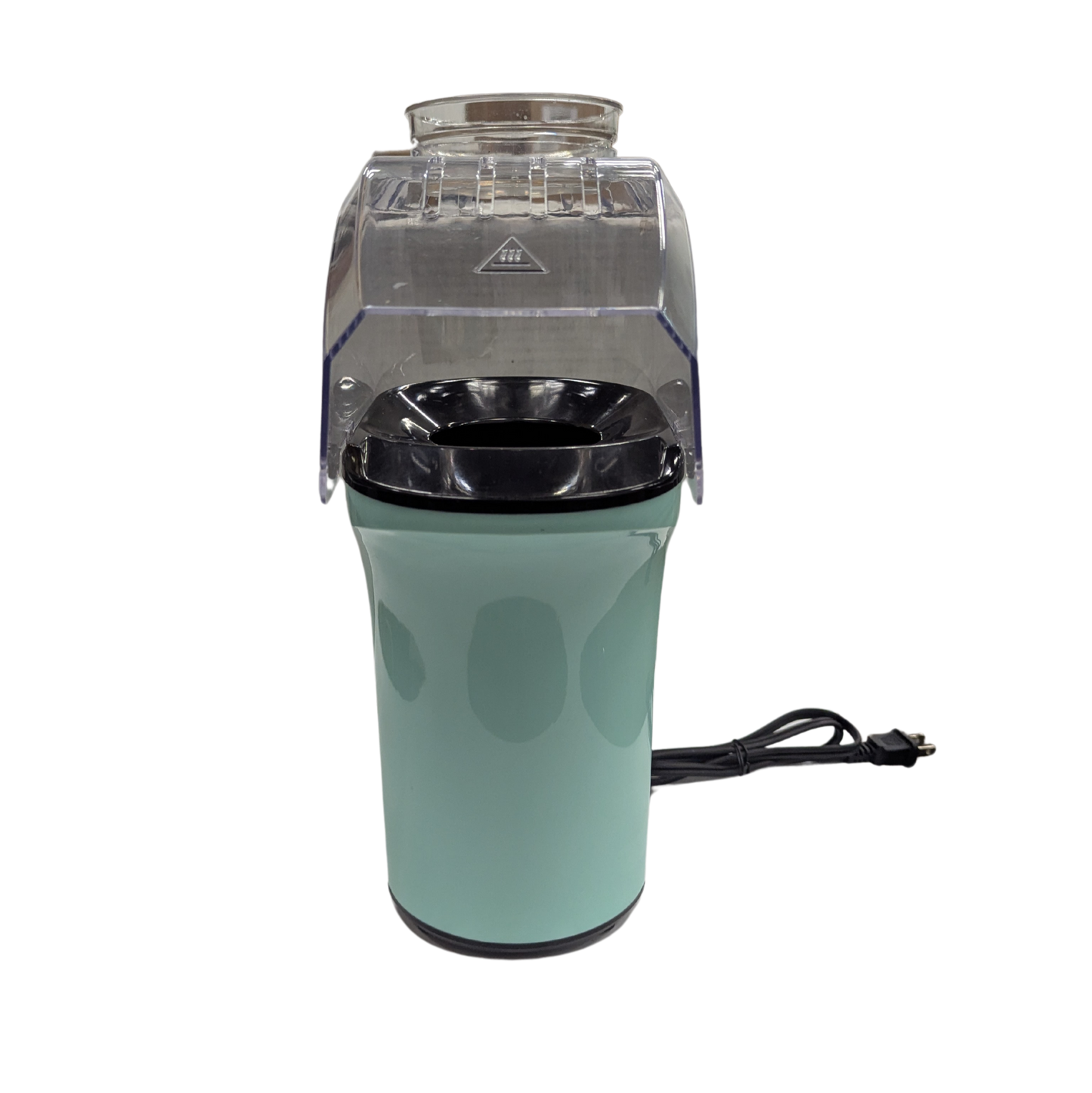 Turquoise coffee grinder with clear top on a white background