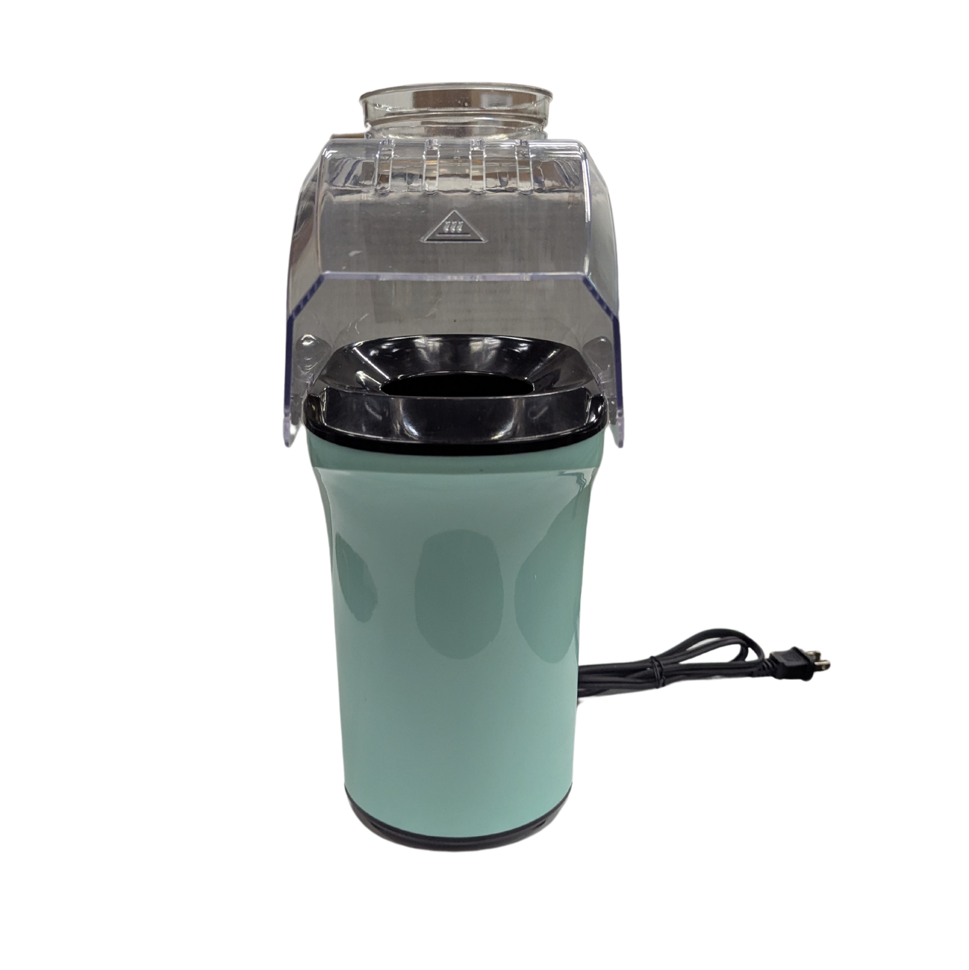 Turquoise coffee grinder with clear top on a white background