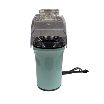 Turquoise coffee grinder with clear top on a white background