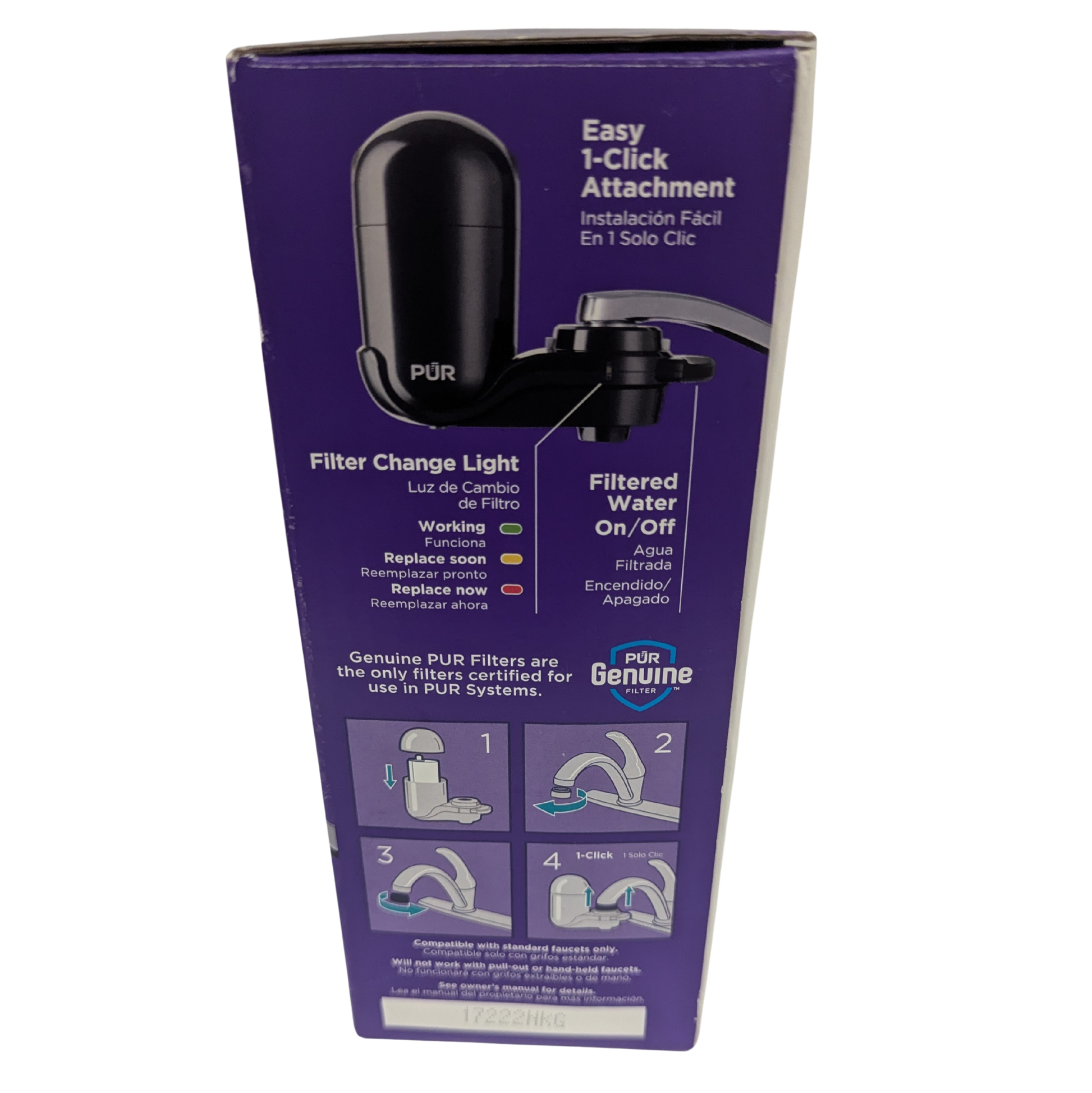Purple packaging of a water filter attachment with text and images on a white background