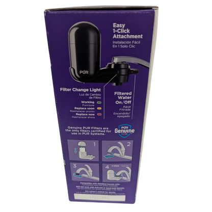 Purple packaging of a water filter attachment with text and images on a white background