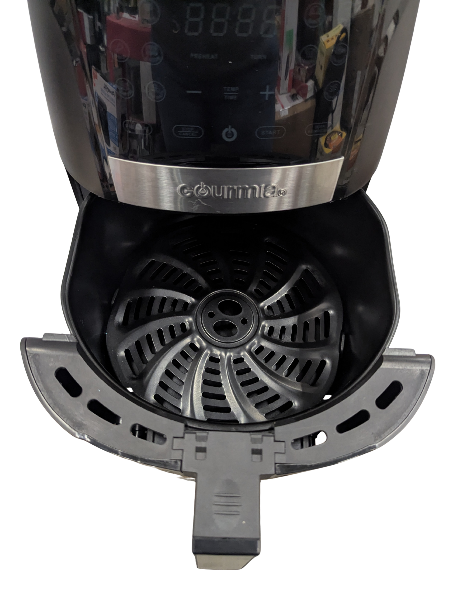 Gourmia coffee maker with open lid showing interior components on a white background