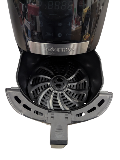 Gourmia coffee maker with open lid showing interior components on a white background