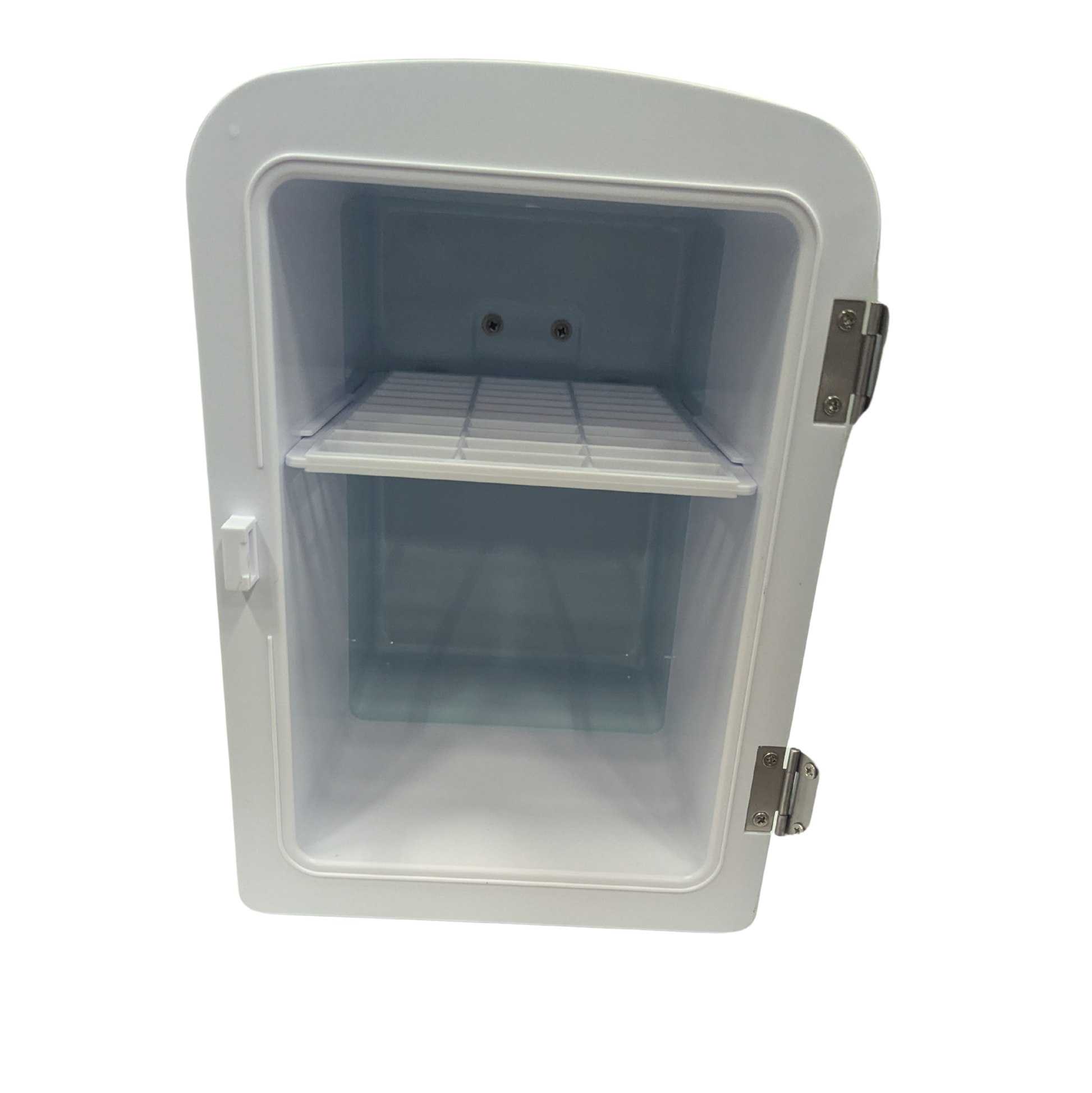 Small white refrigerator with a single shelf on a white background