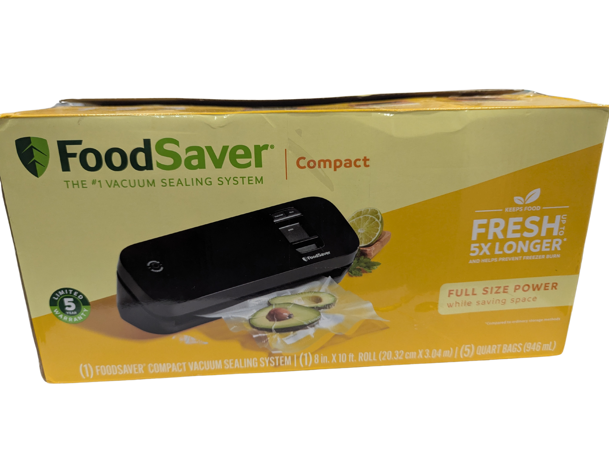 Box of FoodSaver Compact vacuum sealing system with images of food on a yellow background