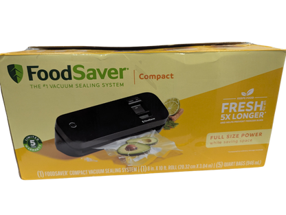 Box of FoodSaver Compact vacuum sealing system with images of food on a yellow background