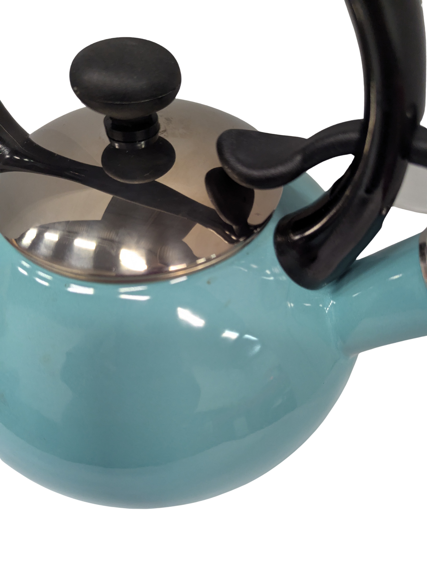 Turquoise kettle with black handle and lid knob on a white background