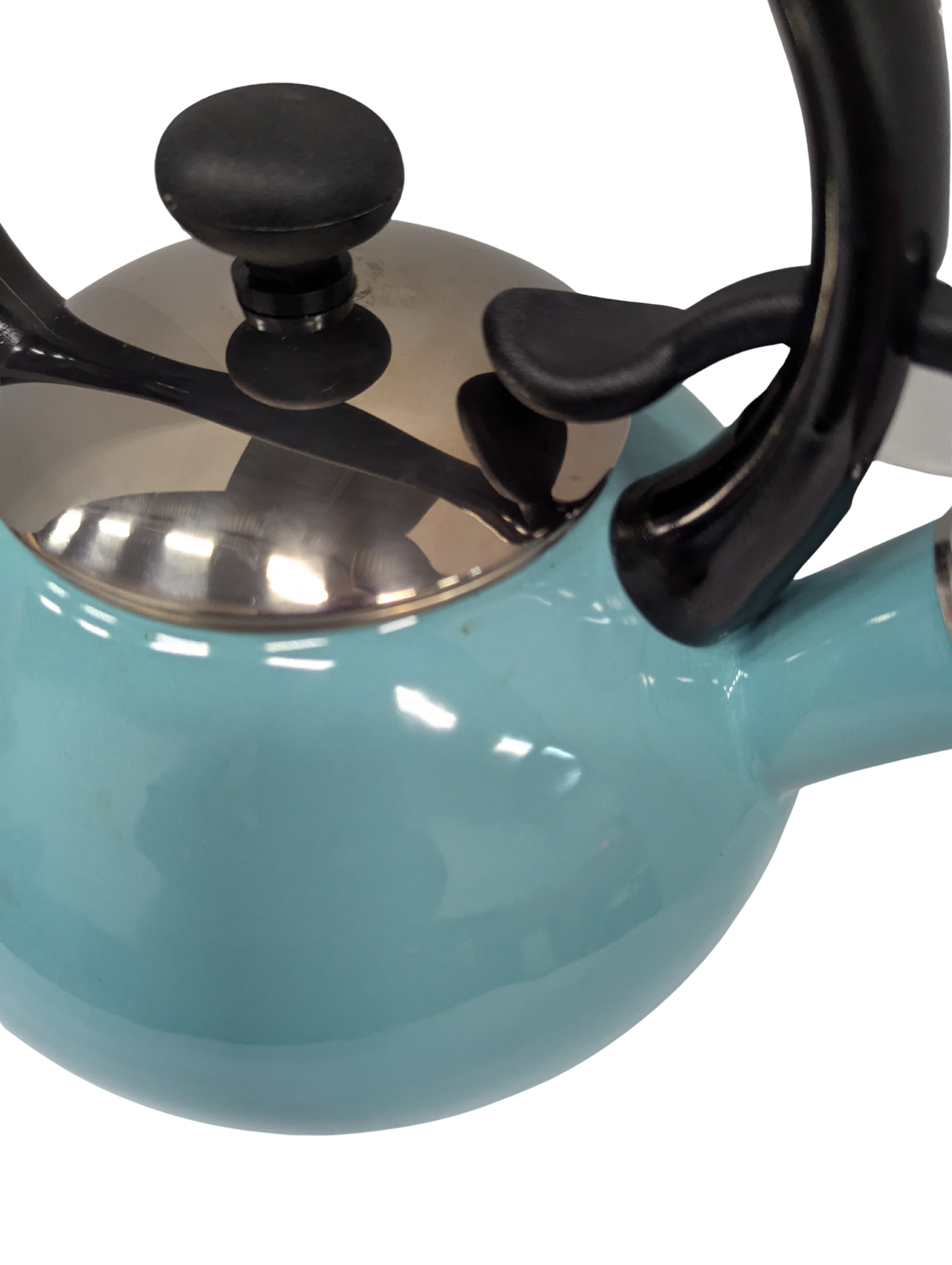 Turquoise kettle with black handle and lid knob on a white background