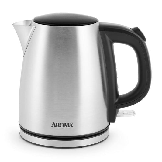 Stainless steel kettle with black handle and lid on a white background, featuring the Aroma brand.