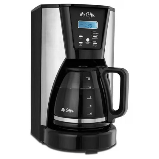 Black Mr. Coffee coffee maker with digital display on a white background