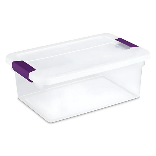Clear storage box with purple handles on a white background