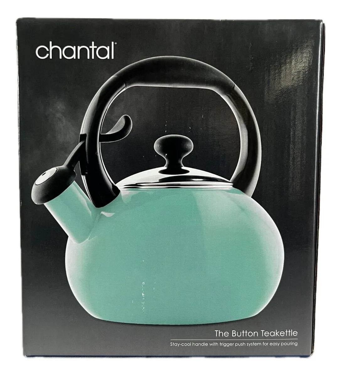 Teal teakettle with black handle on Chantal packaging