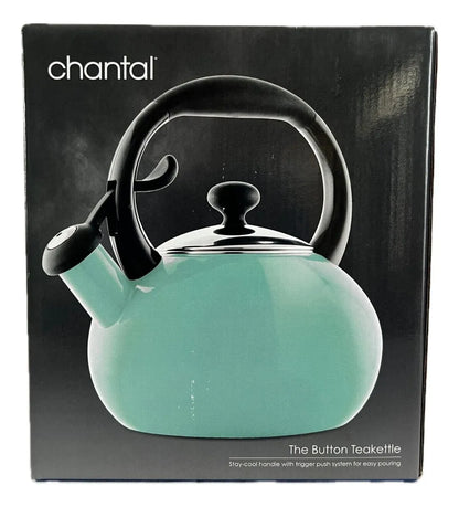 Teal teakettle with black handle on Chantal packaging