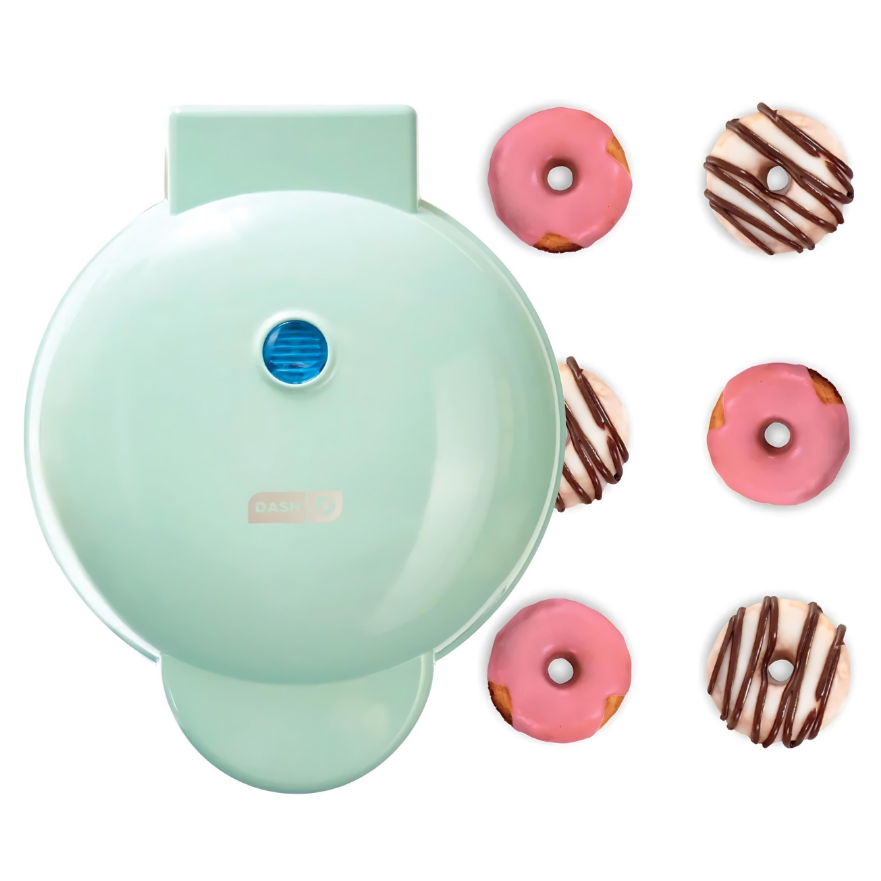 Mint green donut maker with mini donuts on a white background