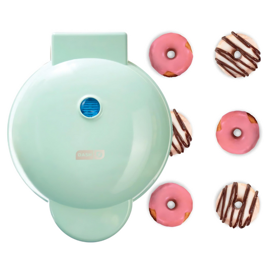 Mint green donut maker with mini donuts on a white background