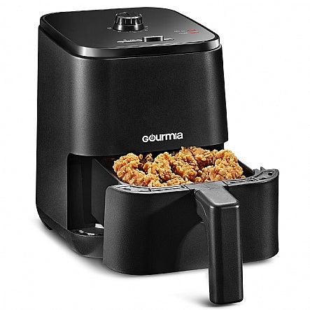 Black Gourmia air fryer with food inside on a white background