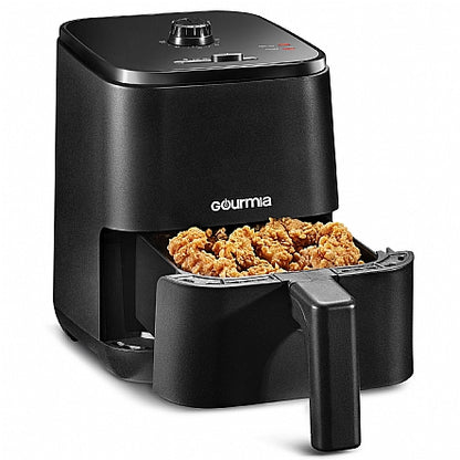Black Gourmia air fryer with food inside on a white background
