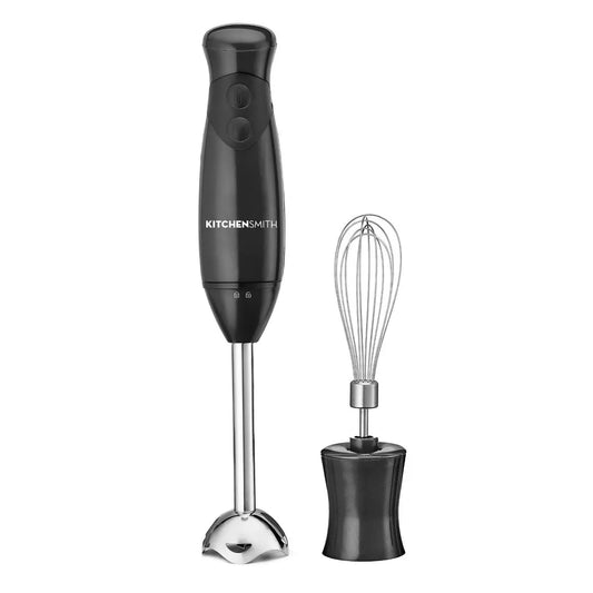 Black hand blender with whisk attachment on a white background