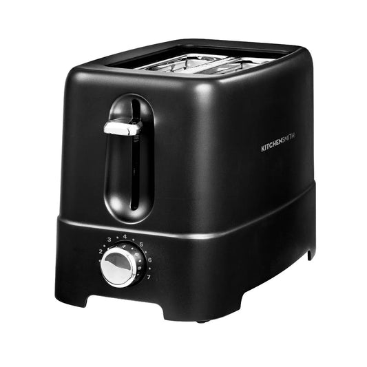 Black toaster with a silver knob on a white background