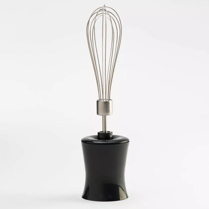 Black hand mixer with a whisk attachment on a white background