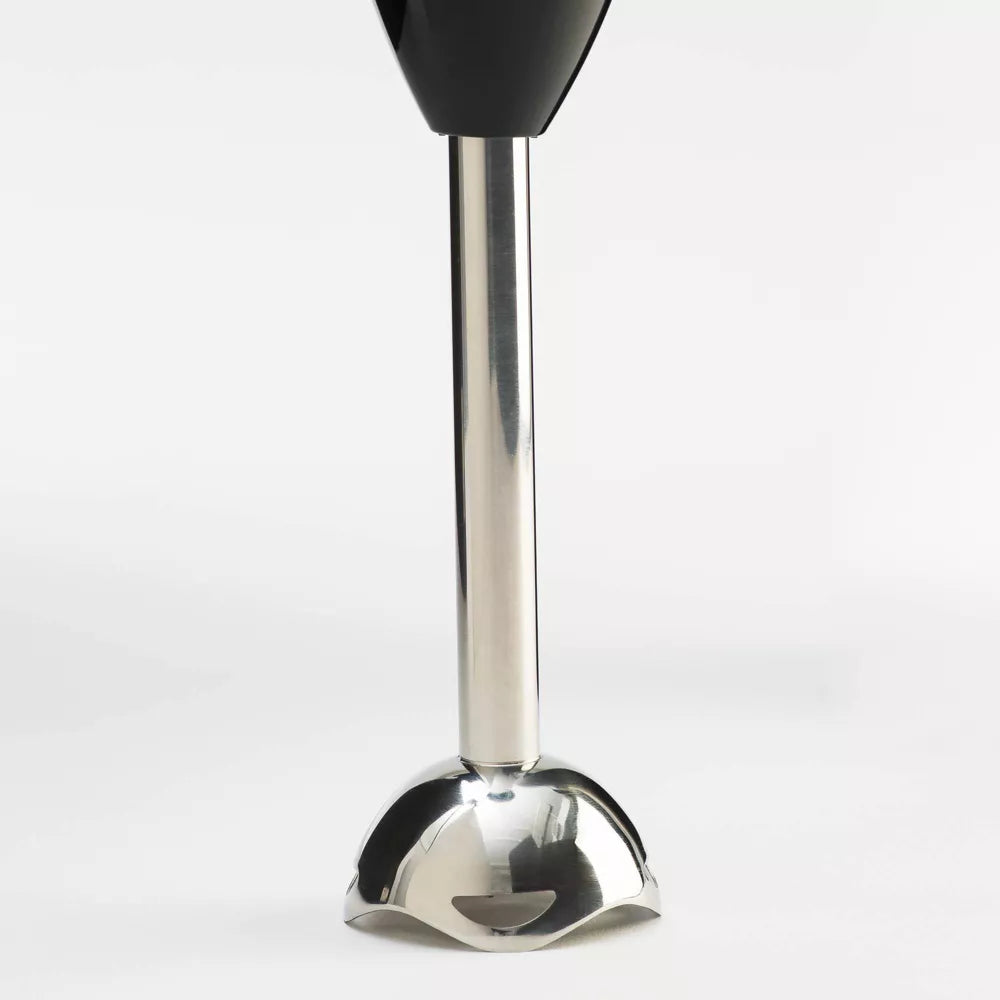 Stainless steel immersion blender handle on a white background