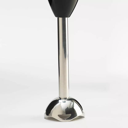 Stainless steel immersion blender handle on a white background