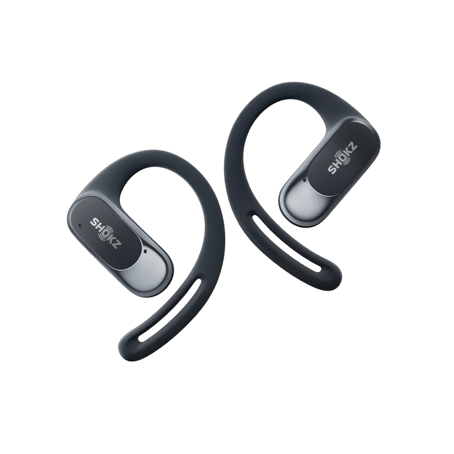 Black wireless earbuds with 'SNOVZ' branding on a white background