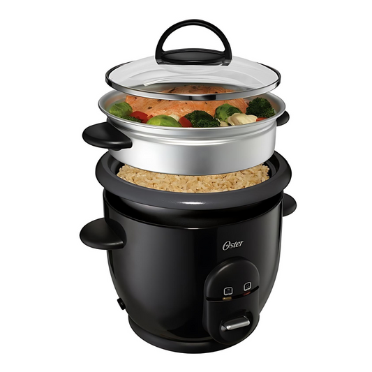 Black rice cooker with food inside on a white background