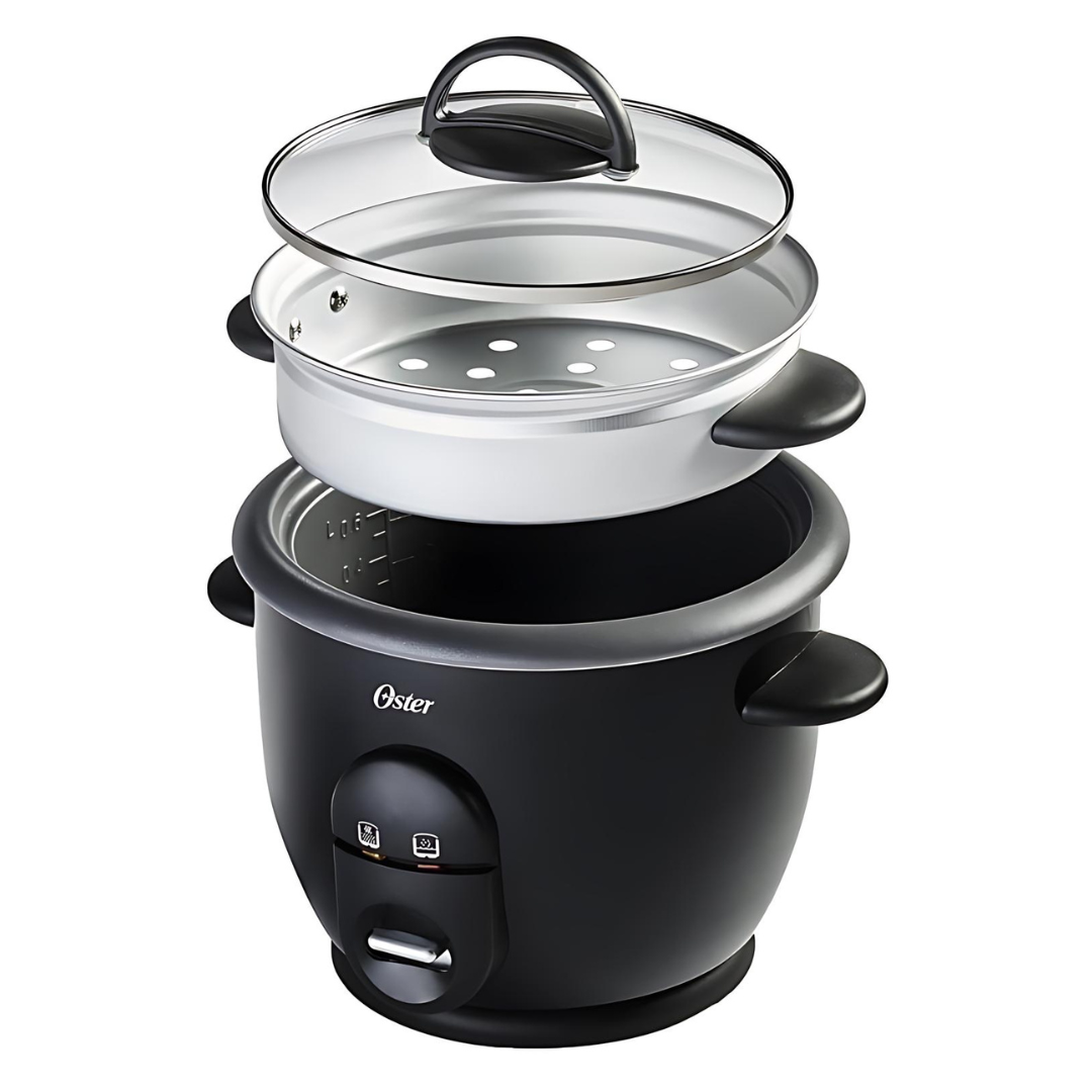Black rice cooker with steamer insert on a white background