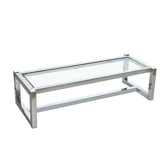 Glass coffee table with metal frame on a white background