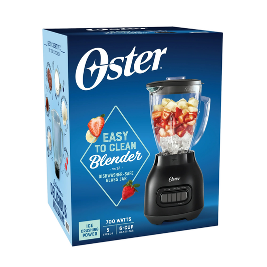 Oster blender packaging with a blue background and product image.