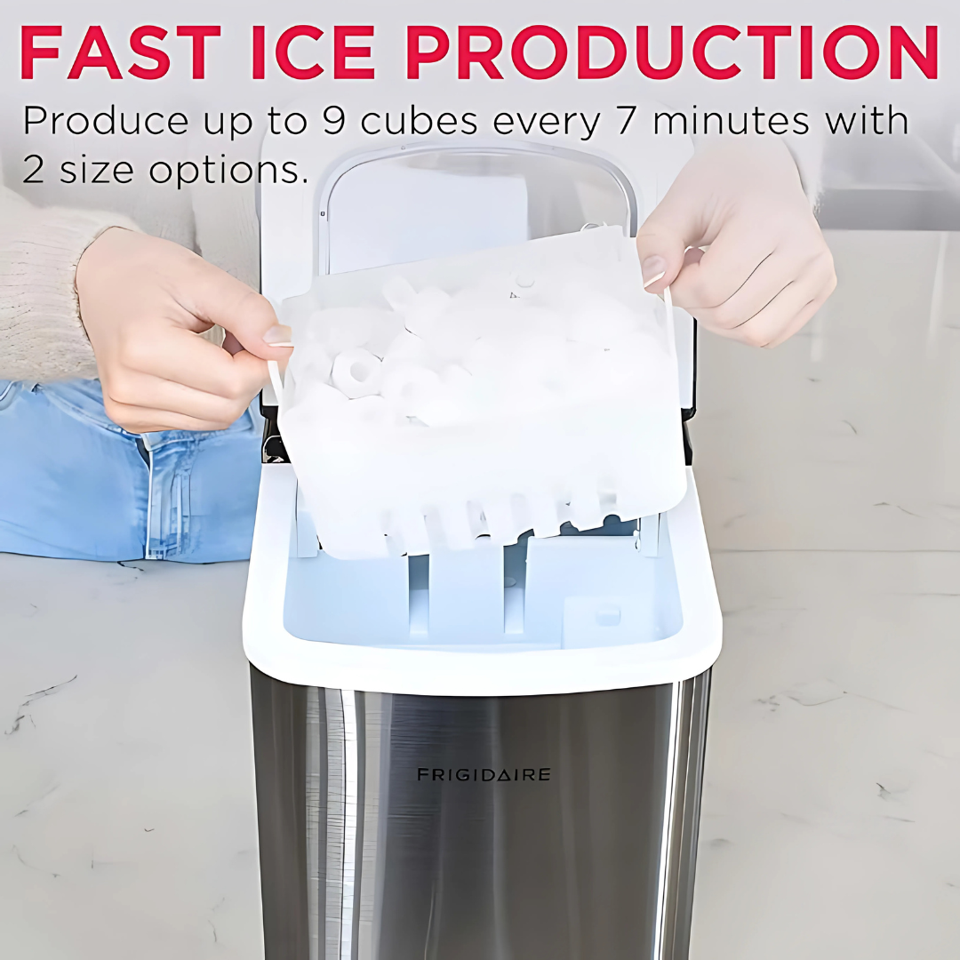 Frigidaire ice maker with hands removing ice cubes, text about fast ice production.