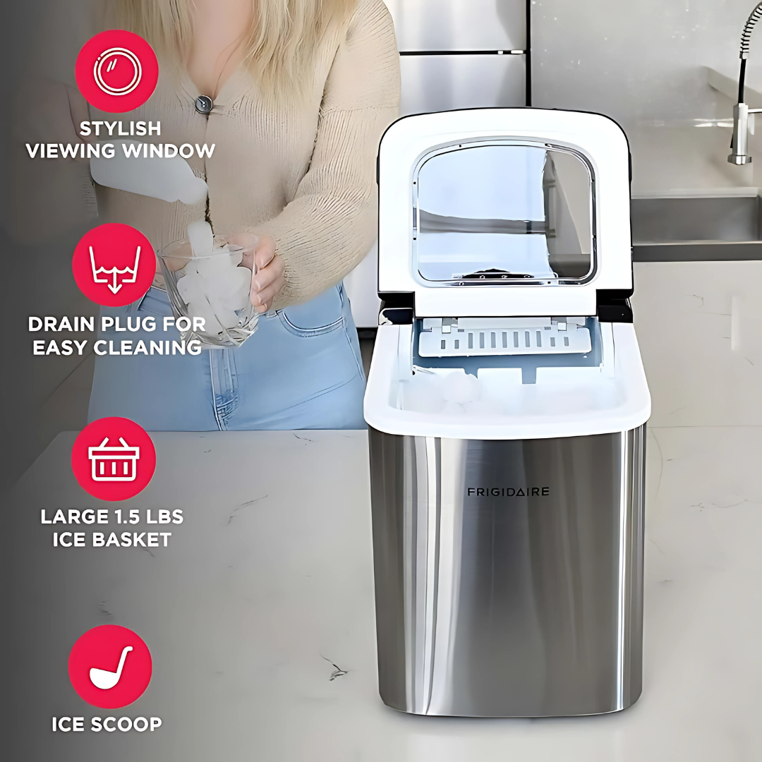 Frigidaire ice maker with features highlighted on a kitchen counter