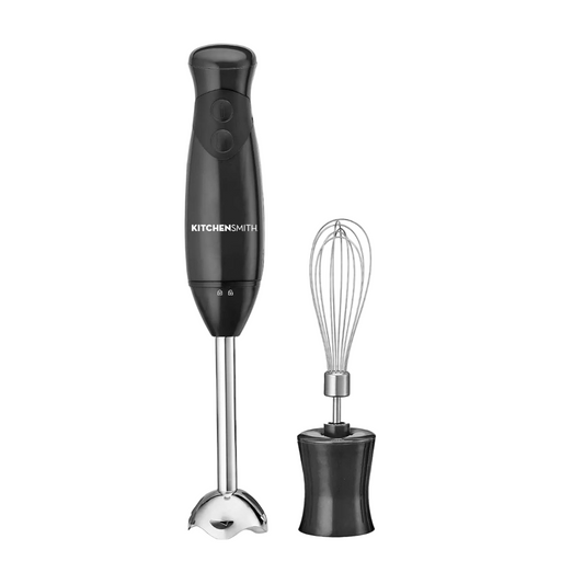 Black hand blender with whisk attachment on a white background, featuring the brand 'KitchenSmith'.