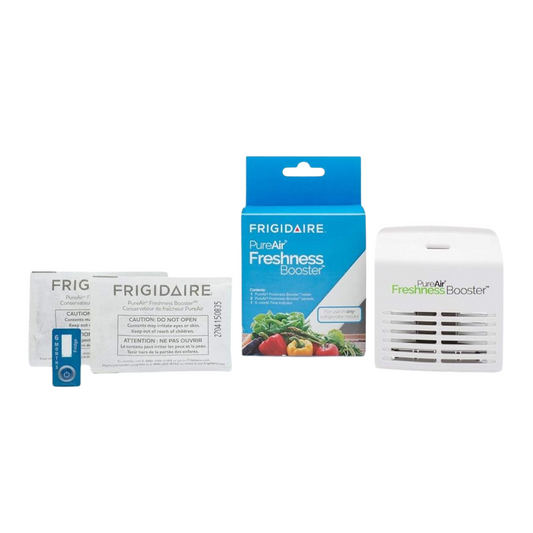 Frigidaire PureAir Freshness Booster system with packaging and filters on a white background