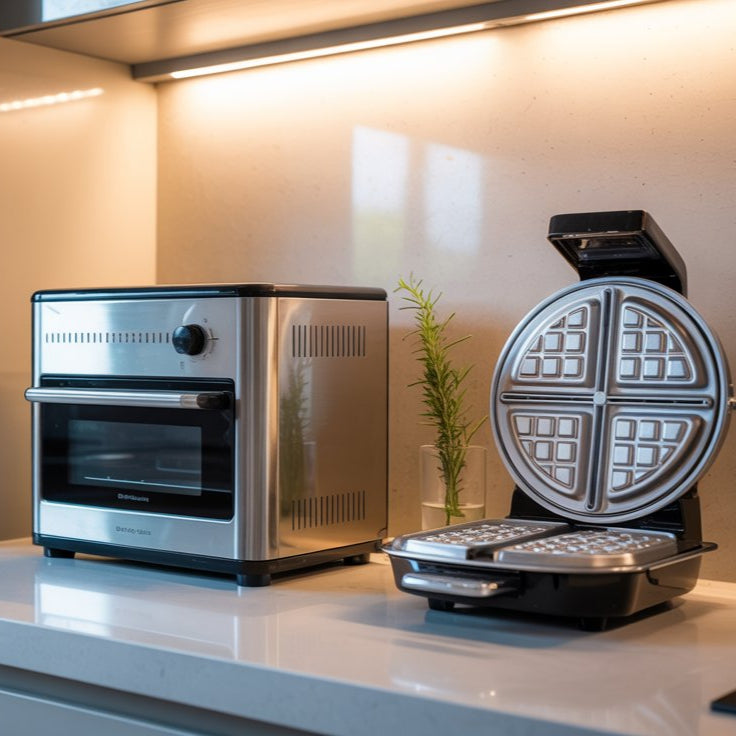 Modern kitchen with a stainless steel appliance and waffle maker on a countertop.