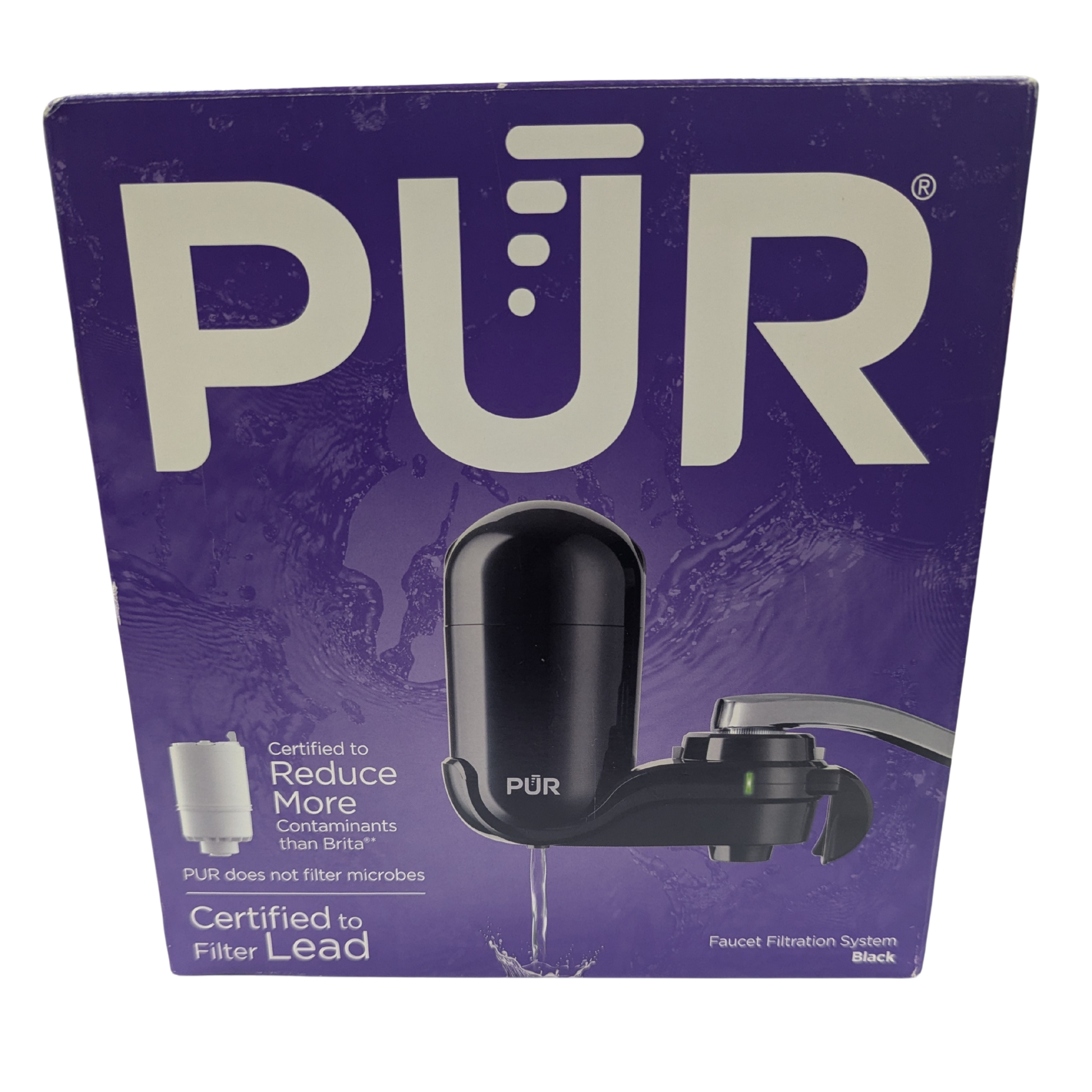 PUR water filter packaging with a purple background