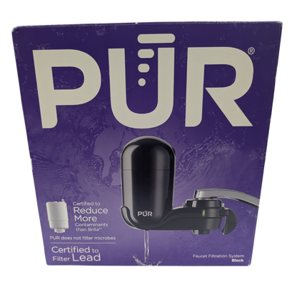 PUR water filter packaging with a purple background