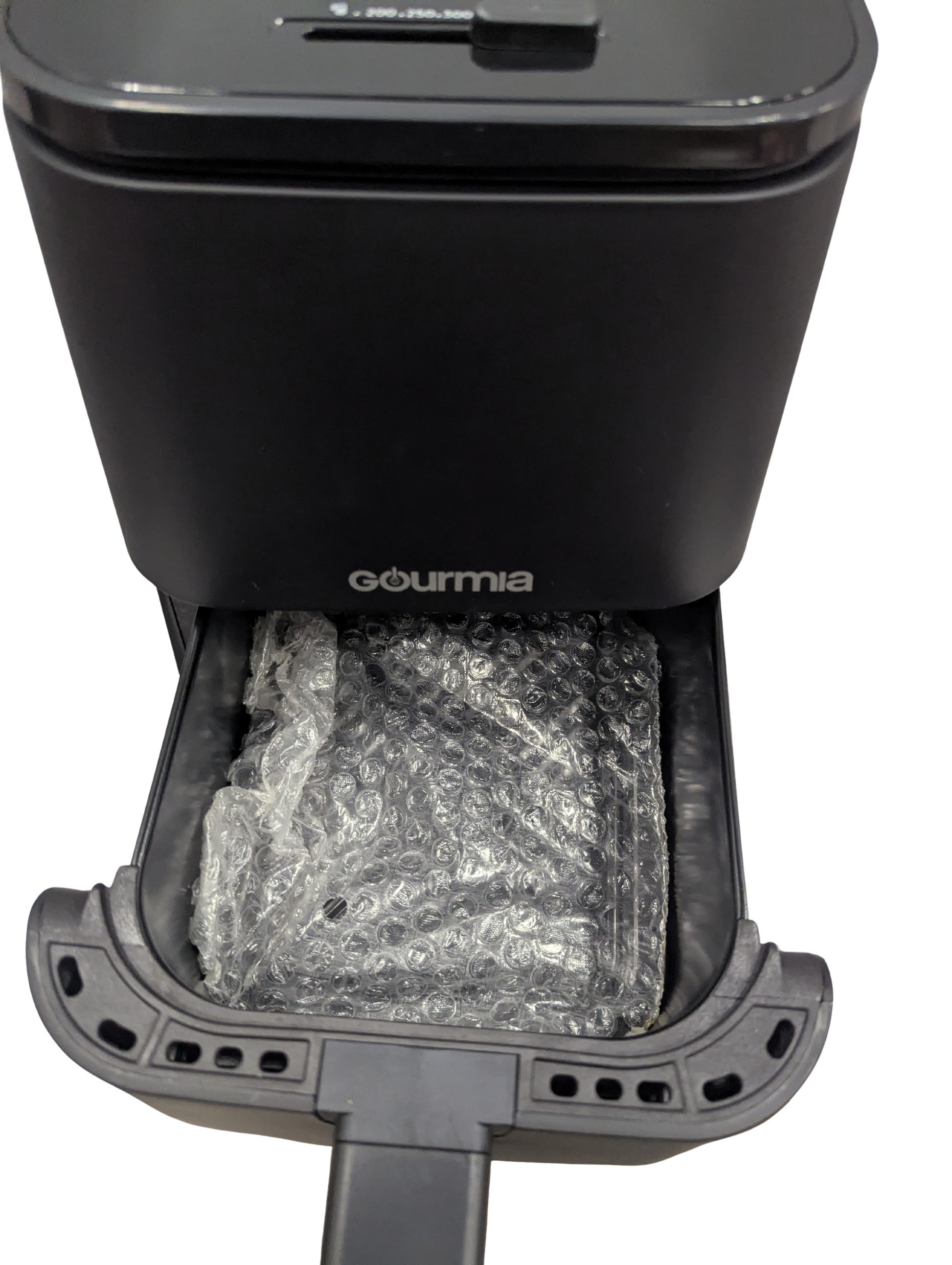 Black Gourmia coffee grinder with a clear container showing ground coffee.