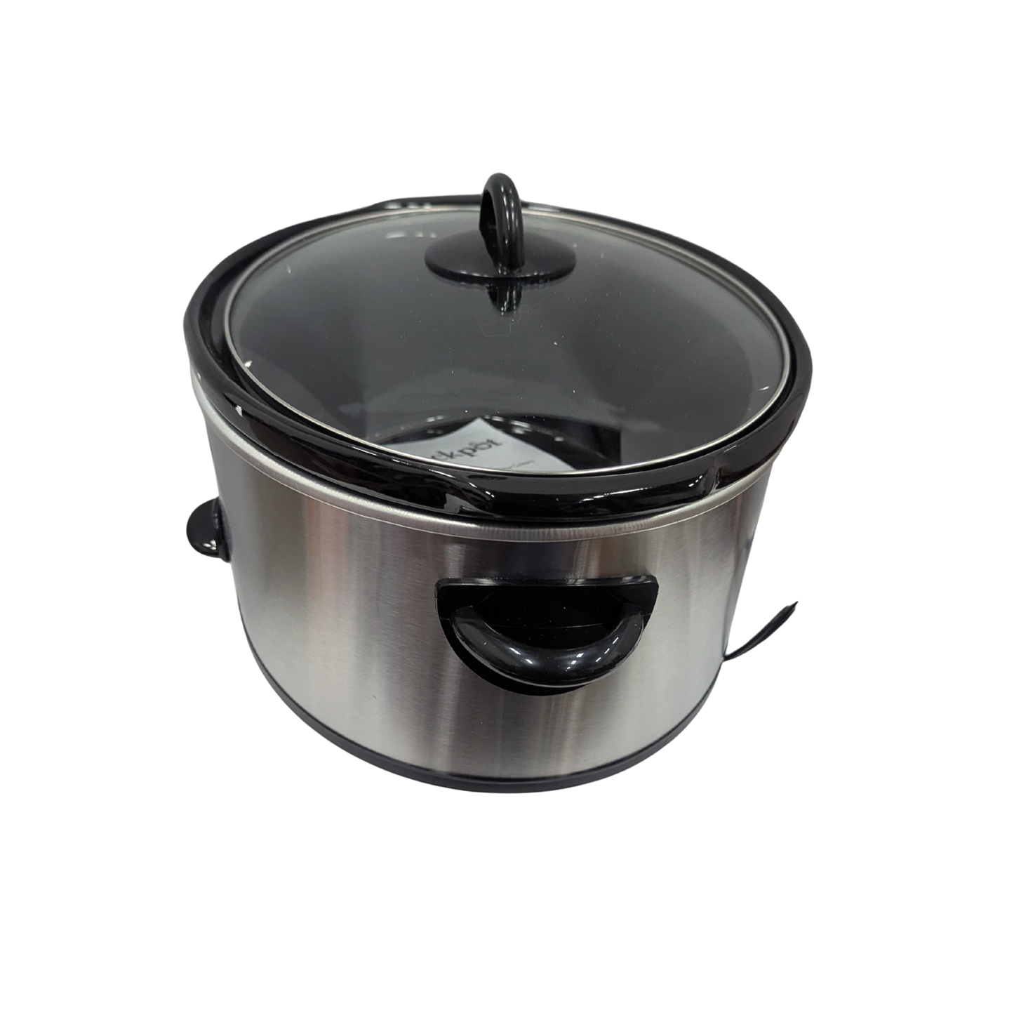 Stainless steel slow cooker with black lid on a white background