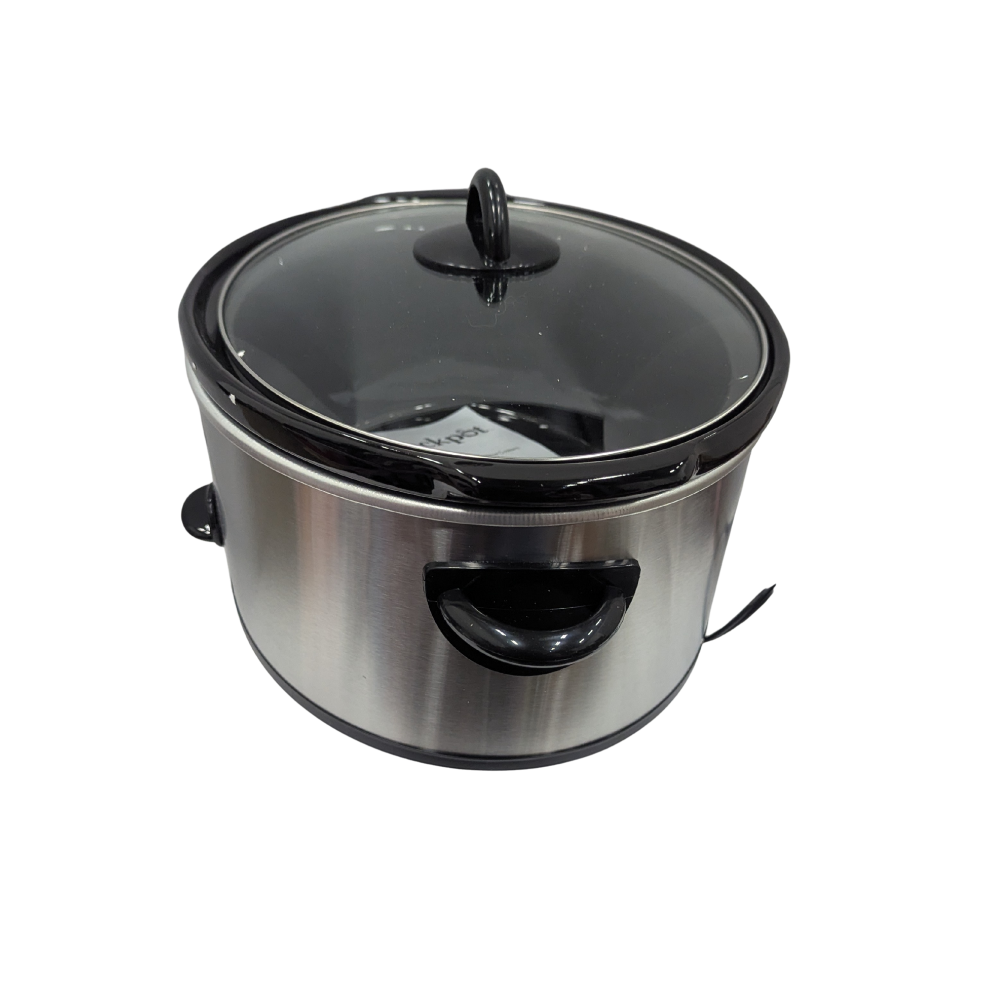 Stainless steel slow cooker with black lid on a white background