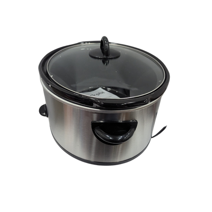 Stainless steel slow cooker with black lid on a white background