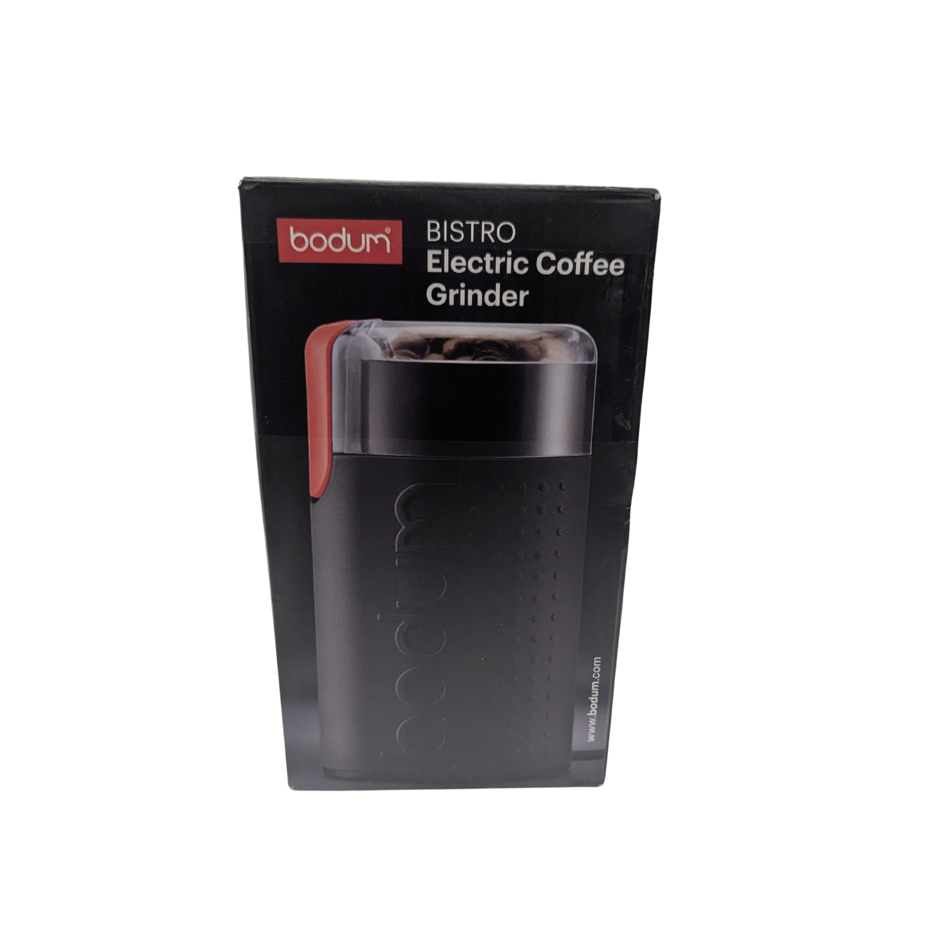 Bodum Bistro Electric Coffee Grinder packaging on a white background