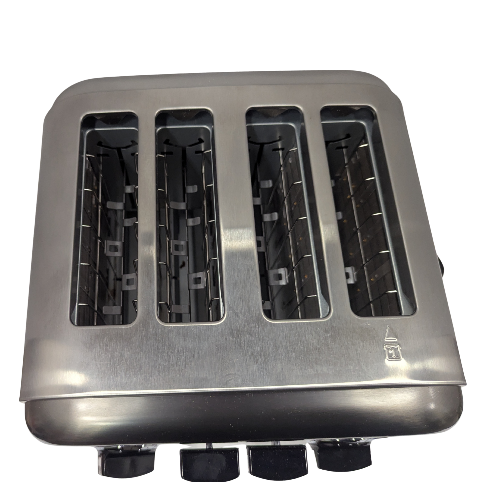 Silver toaster with four slots on a white background