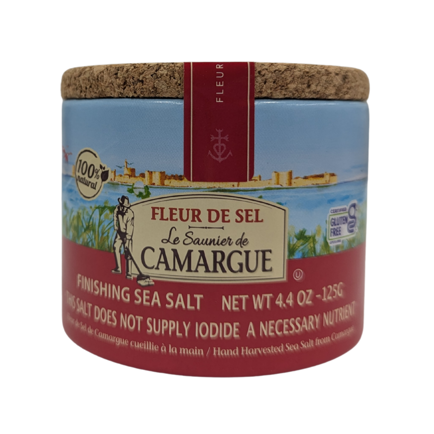 Jar of Fleur de Sel La Saunerie de Camargue sea salt with cork lid on a white background