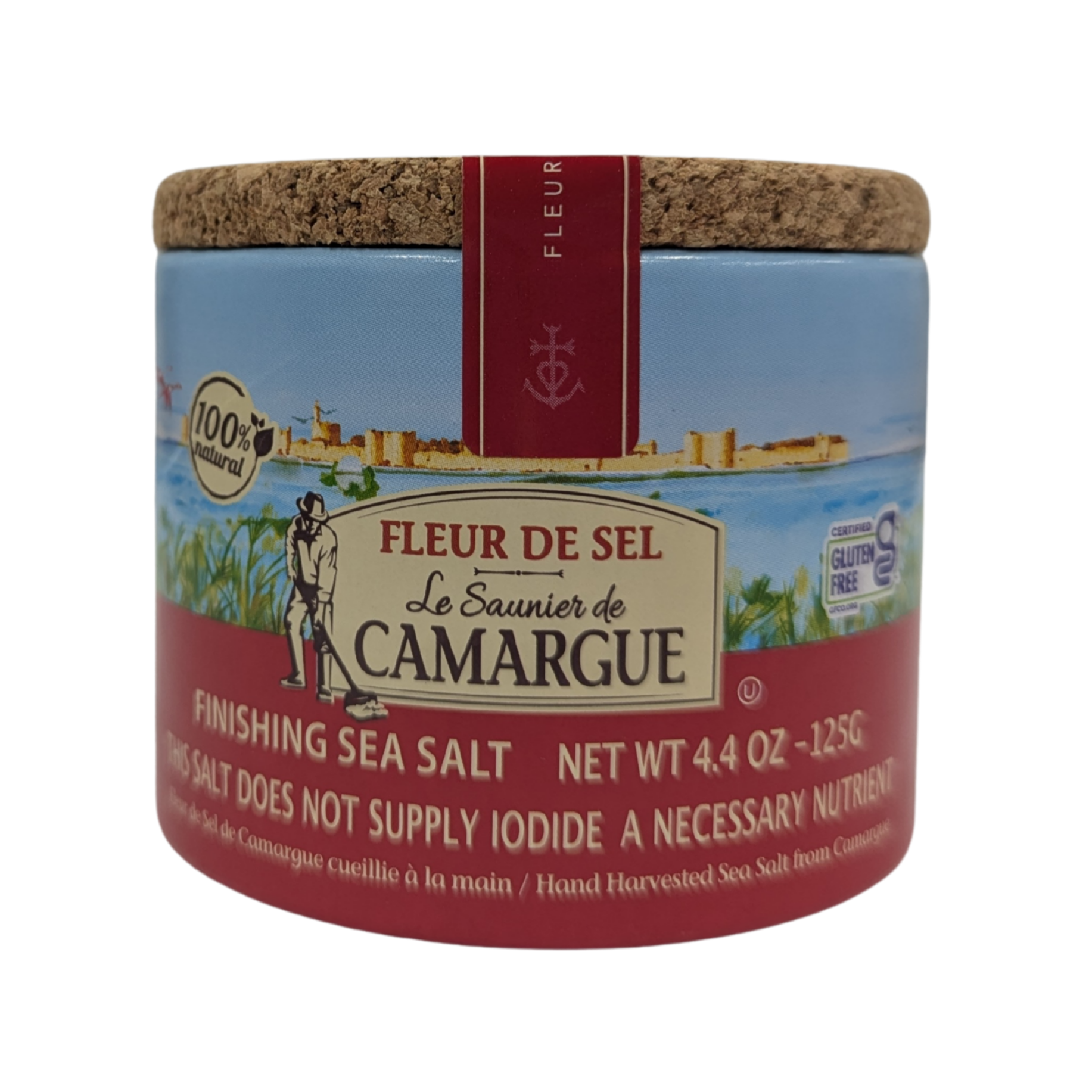 Jar of Fleur de Sel La Saunerie de Camargue sea salt with cork lid on a white background