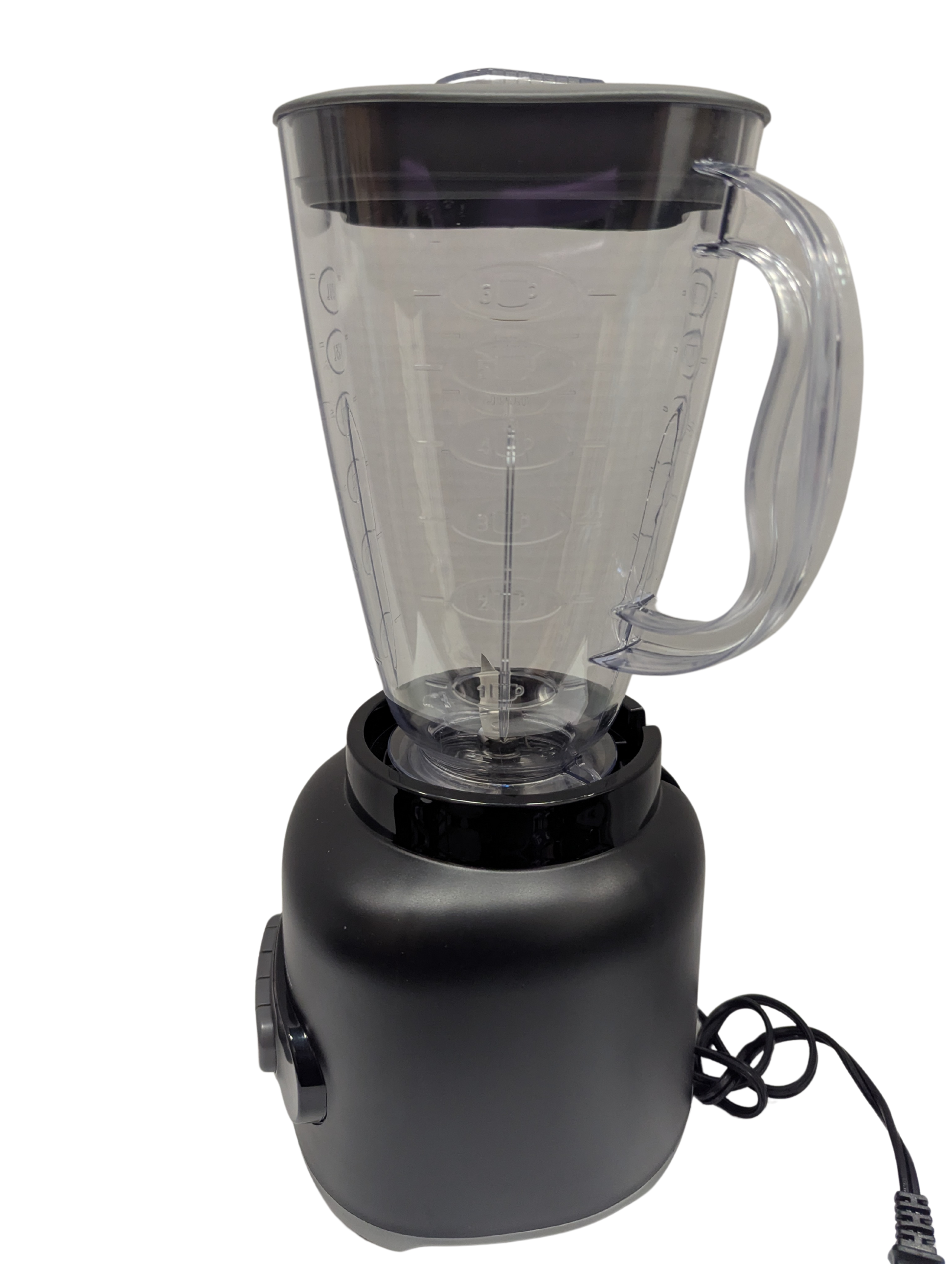 Black blender with clear container on a white background