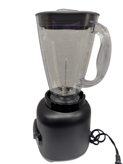 Black blender with clear container on a white background